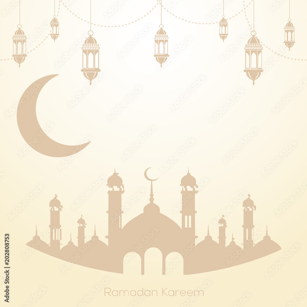 Ramadan Kareem greeting card with mosque and arabic lamps. Vector.