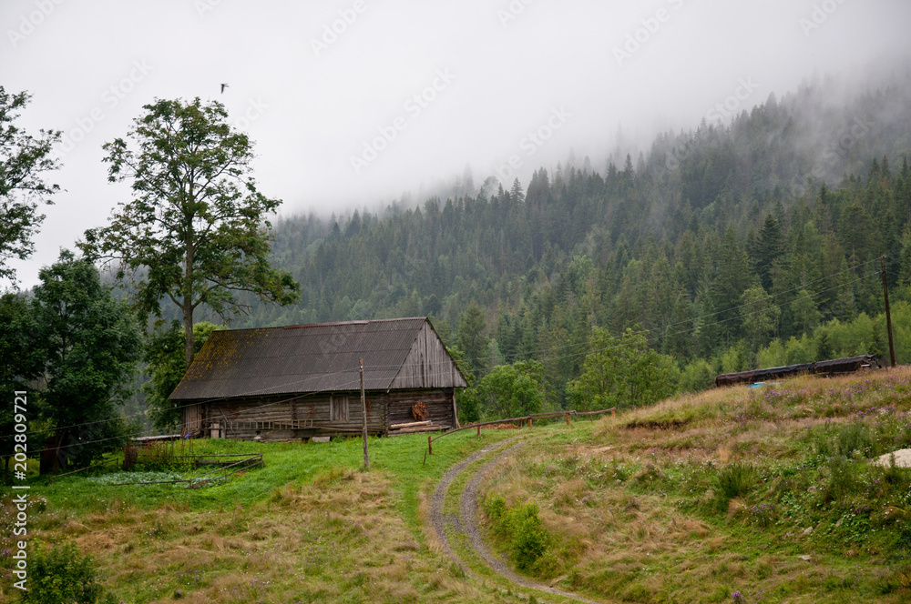 wooden house in the mountains. Morning mist