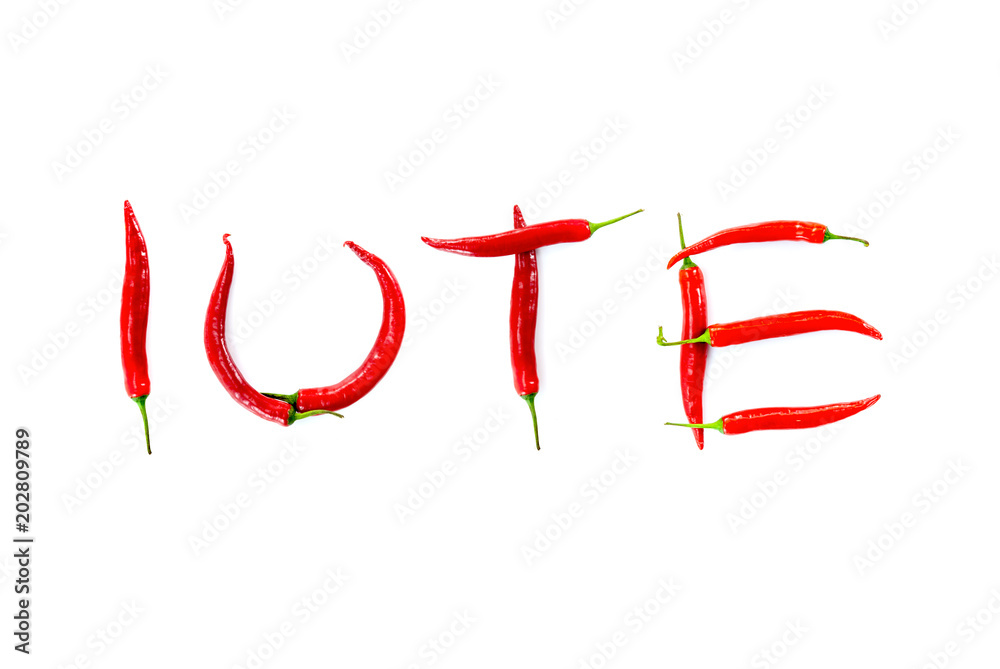 romanian word iute meaning quick written with red chili peppers on white background abstract concept photo