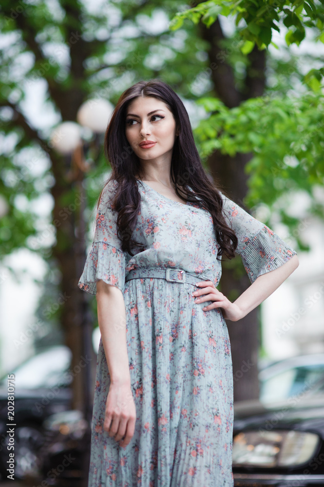 beautiful happy caucasian female with long hair in summer dress on background of street with cars and trees beautiful happy caucasian female with long hair in summer dress on background of street with cars and trees