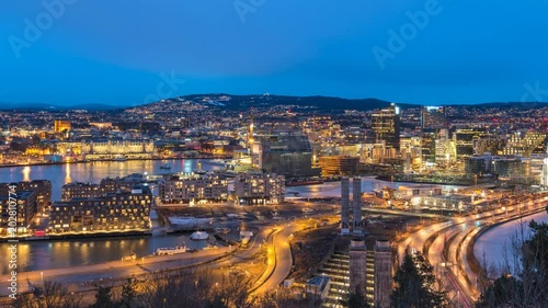 Oslo Norway time lapse 4K, city skyline night timelapse at Barcode Project business district photo