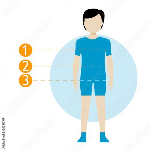 Child body measurement chart. Scheme measurement human body for sewing clothes. Figures of girl and boy in underwear, swimwear. Template for store, sewing, tailor, paediatrician notes.