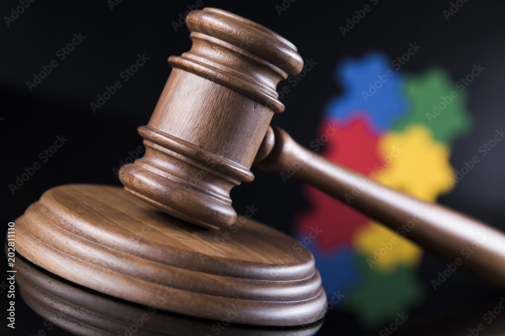 Puzzle, law concept, Wooden gavel Puzzle, law concept, Wooden gavel