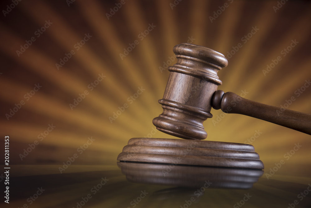 Law and justice concept, wooden gavel, mirror reflection background Law and justice concept, wooden gavel, mirror reflection background