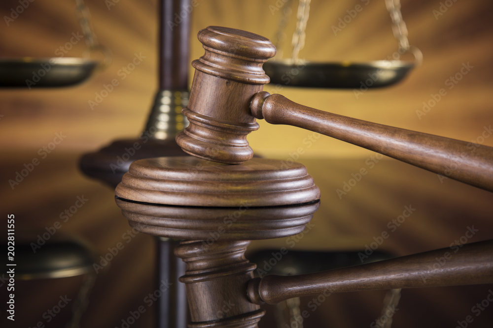 Mallet, Law, legal code and scales of justice concept Mallet, Law, legal code and scales of justice concept