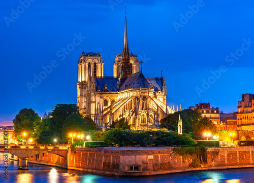 Ile de la Cite, Paris, France: Night view of Cathedrale Notre Dame de Paris or Our Lady of Paris, a beautiful cathedral and an important example of French Gothic architecture, sculpture and stained