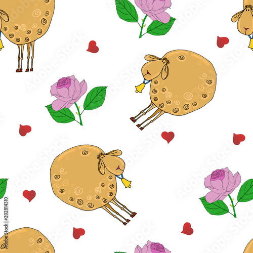 Cute vector colored illustration with colored sheeps, roses and hearts.
