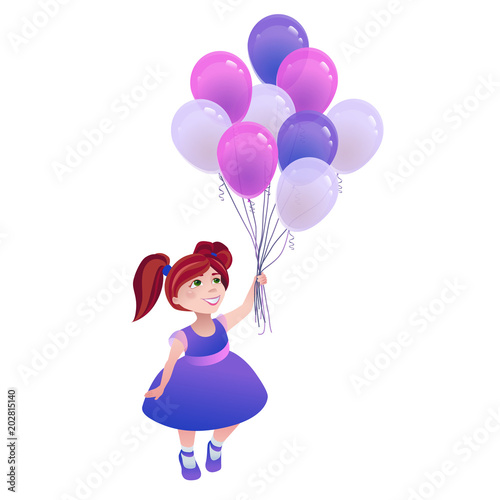 Girl is running with helium baloons. Vector illustrations on the white bckground