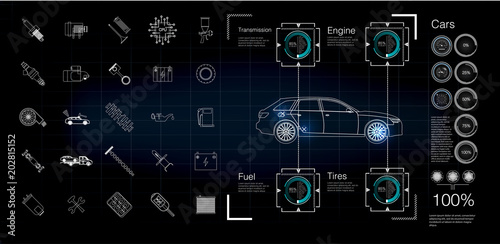 Automobile infographics, diagnostics of malfunctions and malfunctions in the car. Car icons. Abstract background. Template for car service. EPS10 Vector Image