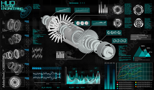 Head up Display HUD Ui, Jet Engine Hologram. Vector Illustration with Circles and Geometric Parts of the Mechanism. Engine, Future Design HUD. Mechanical scheme, infographic. Modern interface for app