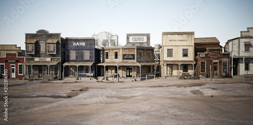 Wide side view of a rustic antique Western town with various businesses. 3d rendering photo