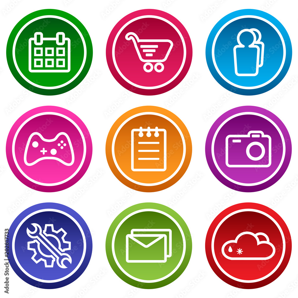 Set of application icon, menu icons, outline design. Colorful buttons. Vector illustration