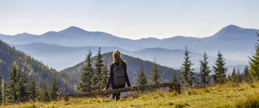 Εκτύπωση καμβά Back view of long-haired blond girl with backpack sitting on broken tree trunk enjoying breathtaking view of magnificent foggy Carpathian mountains, covered with ever-green forest on spring morning