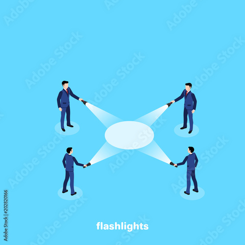 men in business suits stand with lanterns and shine in the center, an isometric image