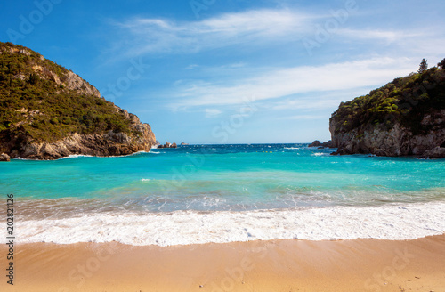 Beautiful sandy beach at Paleokastritsa in Corfu, Greece © andras_csontos