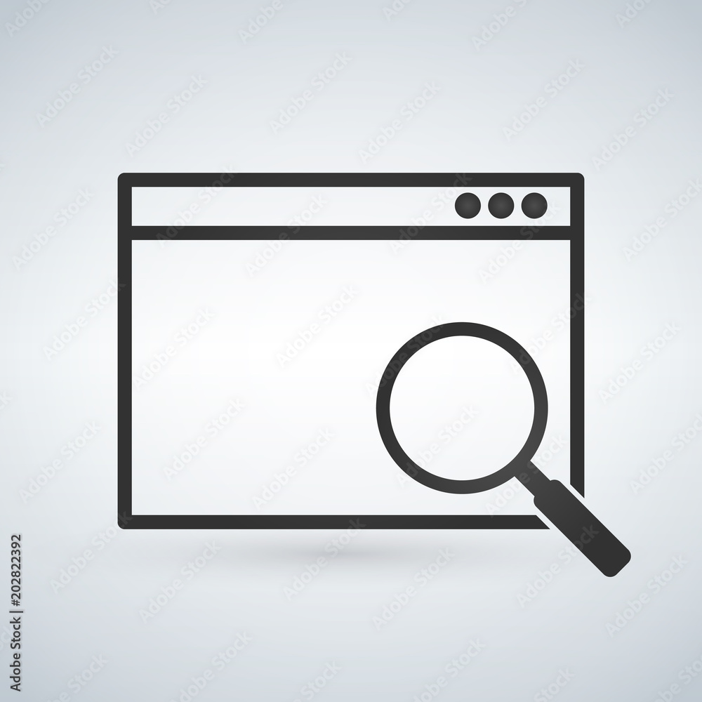 Simple browser window with magnifying glass on modern background. Search concept icon. Flat vector illustration. Simple browser window with magnifying glass on modern background. Search concept icon. Flat vector illustration.