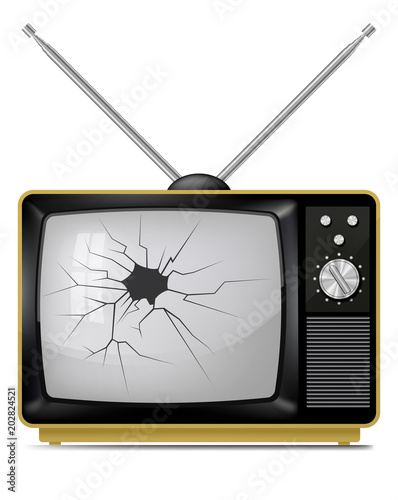 Realistic vector illustration of broken, damaged  retro portable TV, television set with telescopic antenna.