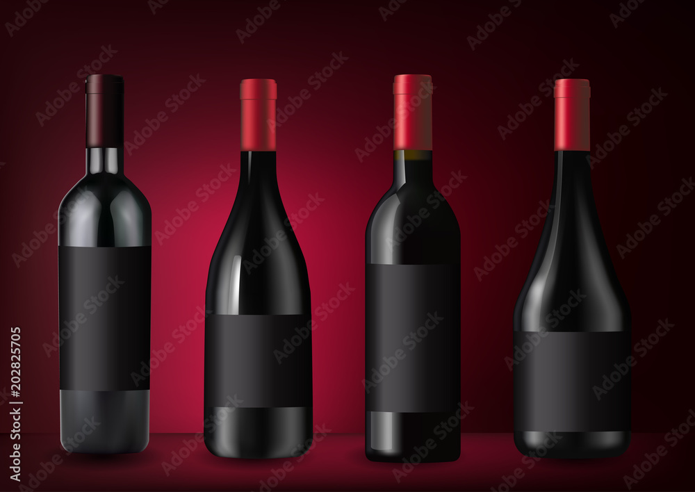 Vector illustration. Set of red wine bottles in photorealistic style. A realistic objects on dark red background. 3D Realism. Vector illustration. Set of red wine bottles in photorealistic style. A realistic objects on dark red background. 3D Realism.