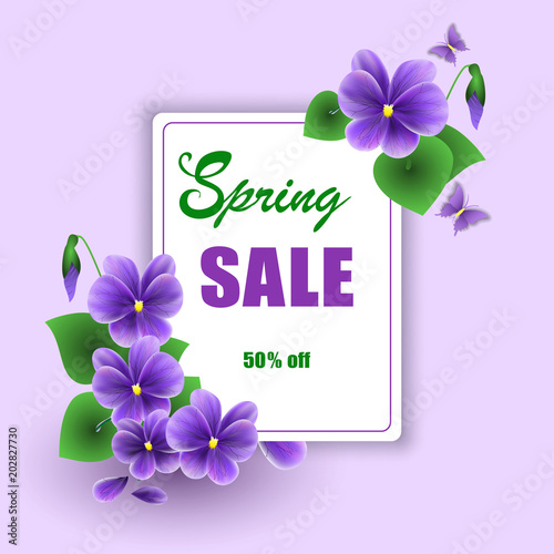 Vector mockup of banner beautiful spring violet flower on background, layout for sale flyer, illustration for design.