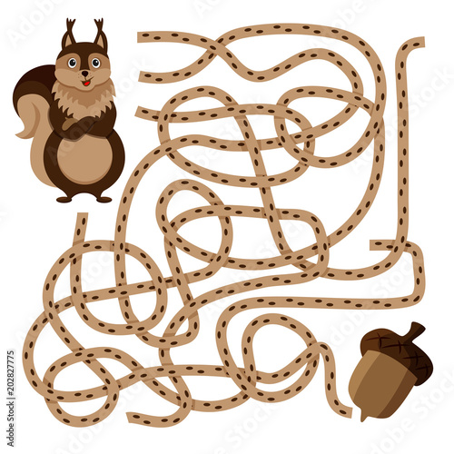 Labyrinth logic maze game for kids. Help squirrel to find the way to acorn. Vector illustration colorful isolated on white background ready for print