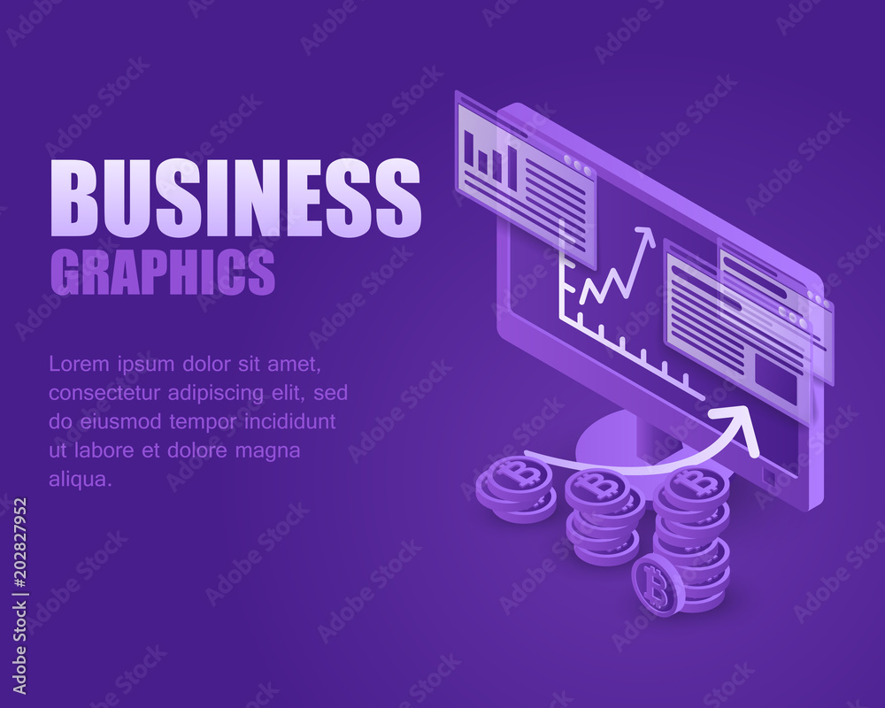 Naklejka premium Concept business bitcoin. Vector illustration isometric cryptocurrency and infographic rate growth about screen computer. Landing page business digital money