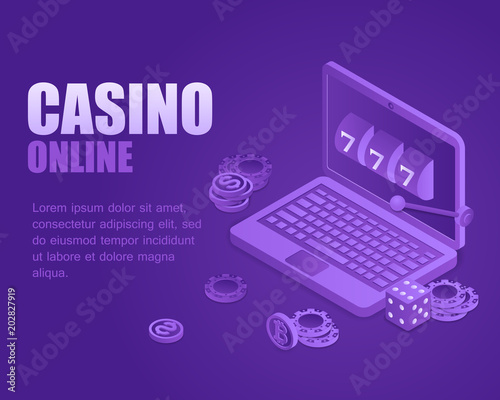 Concept online casino. Vector illustration isometric slot machine on screen laptop. Landing page digital casino game