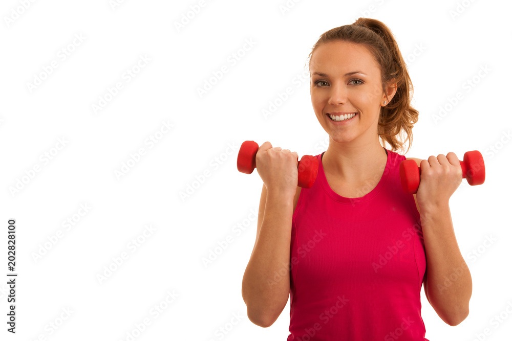 Beautiful young active fit woman workout with dumbbells isolated over white background - fitness Beautiful young active fit woman workout with dumbbells isolated over white background - fitness