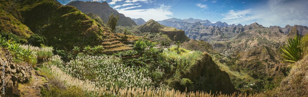 Gorgeous panorama view of huge barren mountain peaks, cliff and canyons of dry arid desert landscape. Ribeira Grande. Santo Antao Island, Cape Verde