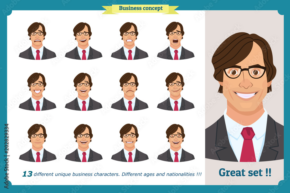 Set of male facial emotions. Young business man character with different expressions.Vector flat illustration in cartoon style.Peoples faces, men, person. Male characters.businessman. Set of male facial emotions. Young business man character with different expressions.Vector flat illustration in cartoon style.Peoples faces, men, person. Male characters.businessman.