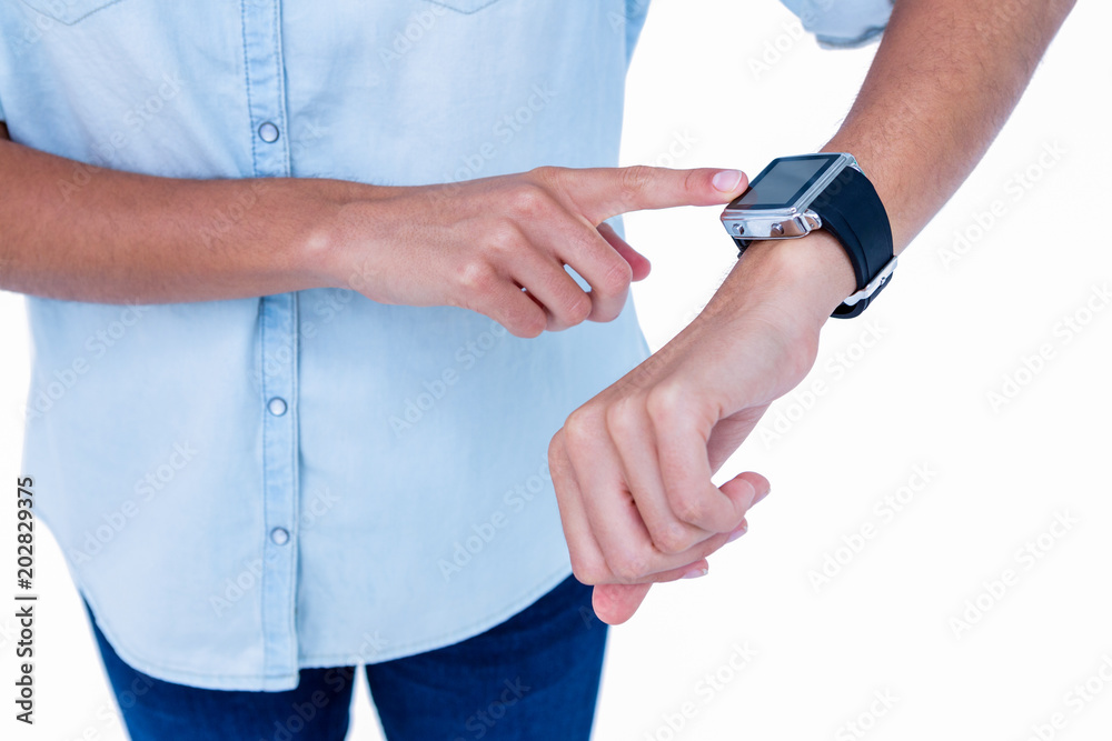 Close up of woman using her smartwatch