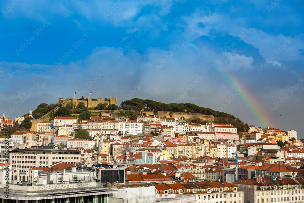 lisbon castle with rainbow