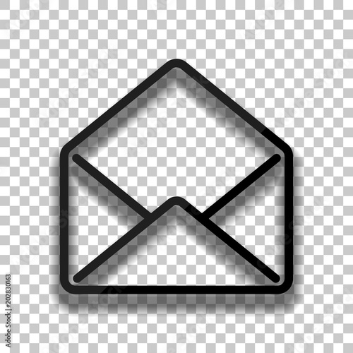 mail open icon. Black glass icon with soft shadow on transparent background
