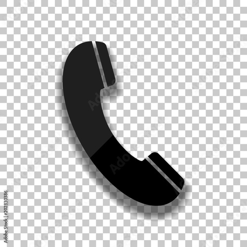 Telephone receiver icon. Black glass icon with soft shadow on transparent background
