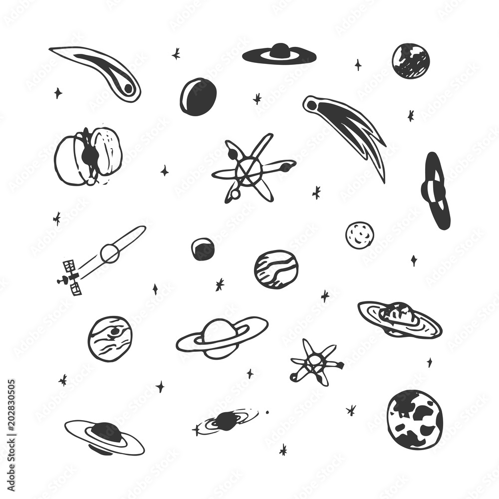 Fotografie Vector set of hand drawn space object - planet, comet, moon, star