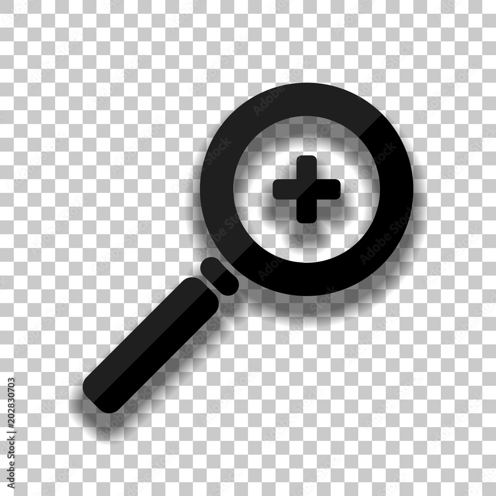 Zoom In icon. Black glass icon with soft shadow on transparent background Zoom In icon. Black glass icon with soft shadow on transparent background