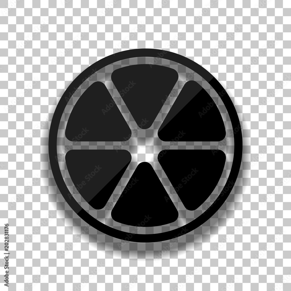 lemon slice icon. Black glass icon with soft shadow on transparent background