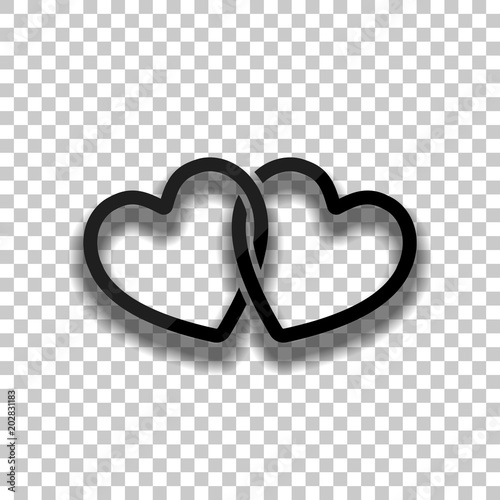 linked hearts icon. Black glass icon with soft shadow on transparent background