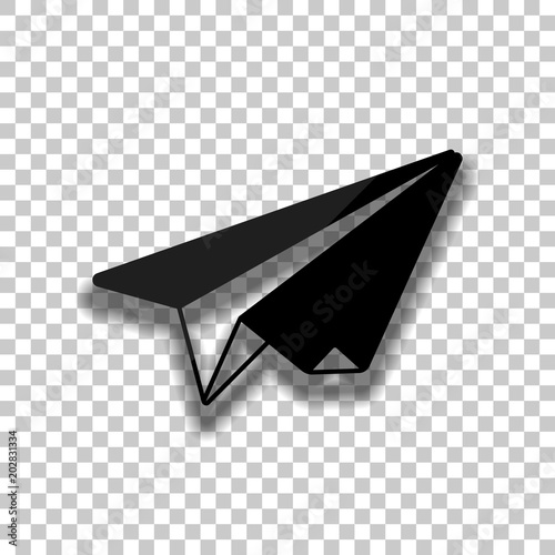 paper plane. origami glider. Black glass icon with soft shadow on transparent background