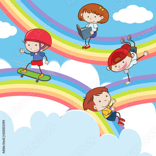 Doodle Kids Playing on Rainbow