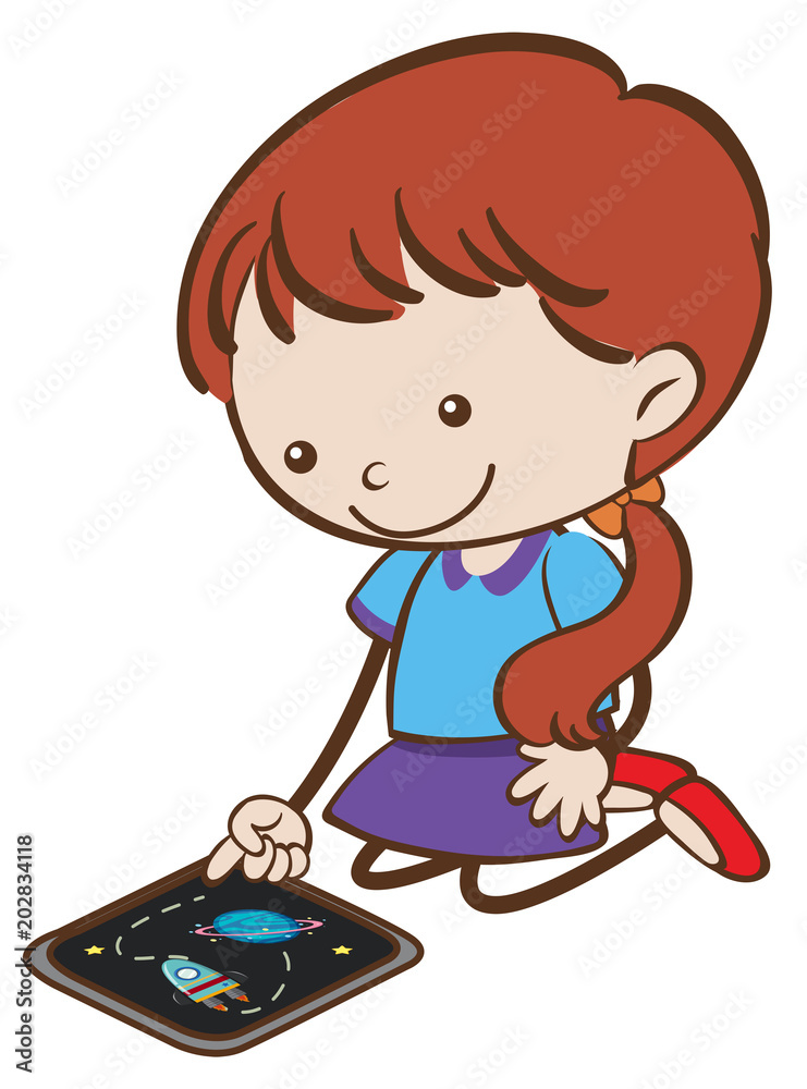 Doodle Kid Playing Tablet on White Background Doodle Kid Playing Tablet on White Background