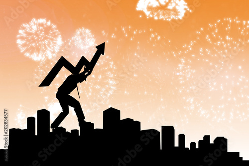 businessman with arrow against white fireworks exploding on black background
