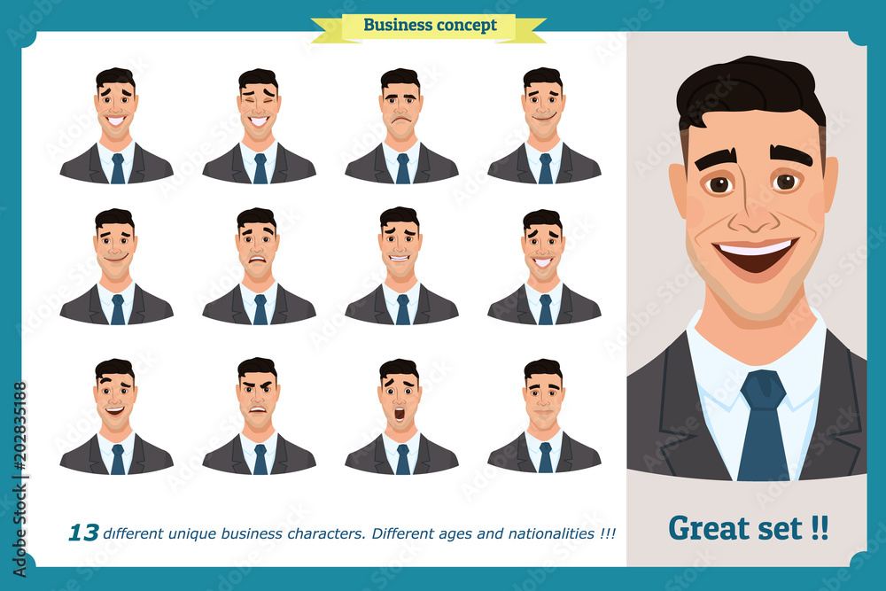 Set of male facial emotions. Young business man character with different expressions.Vector flat illustration in cartoon style.Peoples faces, men, person. Male characters.businessman.