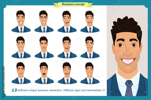 Set of male facial emotions. Young business man character with different expressions.Vector flat illustration in cartoon style.Peoples faces, men, person. Male characters.businessman.