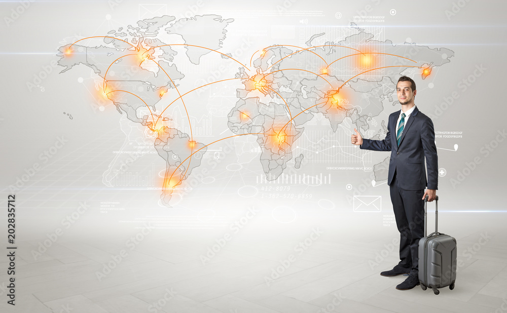 Businessman in dark suit hitchhike to business trip in a front of a map with destination Businessman in dark suit hitchhike to business trip in a front of a map with destination