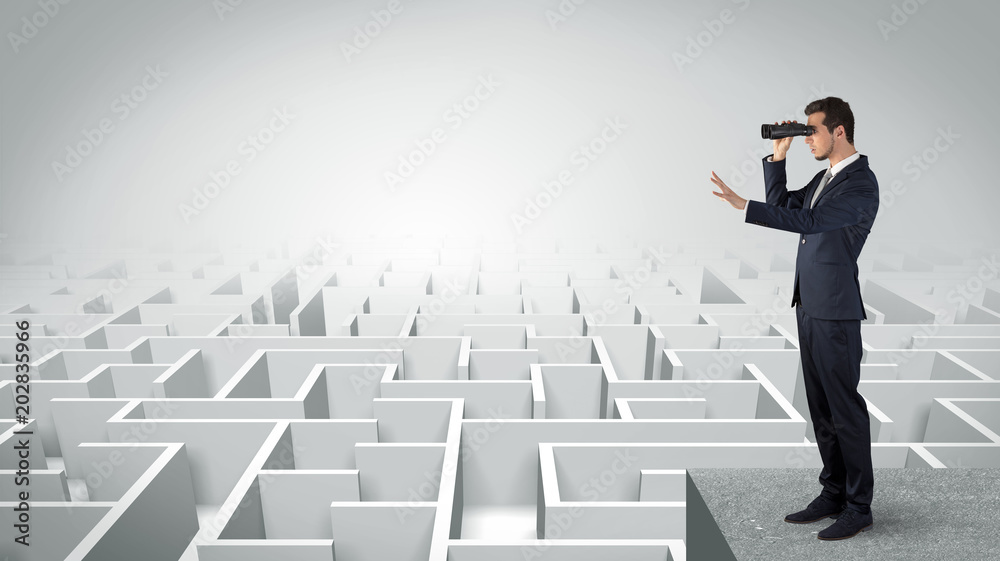 Businessman standing on maze and looking forward to the future concept
Businessman standing on maze and looking forward to the future concept