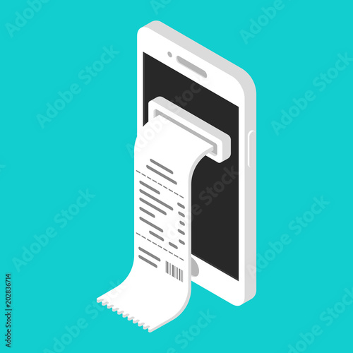 Vector illustration isometric online shopping on smartphone with digital bill ticket