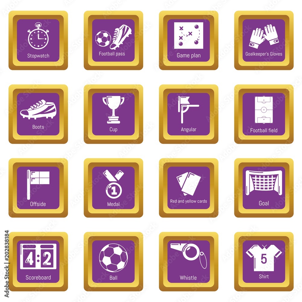 Soccer football icons set vector purple square isolated on white background Soccer football icons set vector purple square isolated on white background