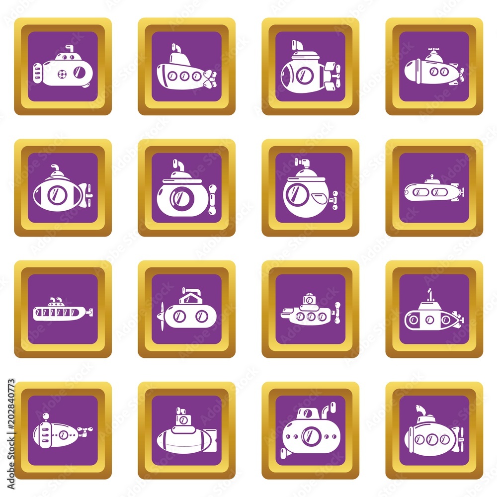 Submarine icons set vector purple square isolated on white background Submarine icons set vector purple square isolated on white background