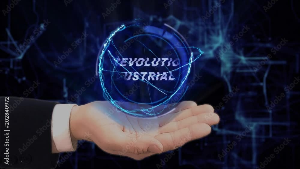 Painted hand shows concept hologram Revolution Industrial 4th on his hand. Drawn man in business suit with future technology screen and modern cosmic background Painted hand shows concept hologram Revolution Industrial 4th on his hand. Drawn man in business suit with future technology screen and modern cosmic background