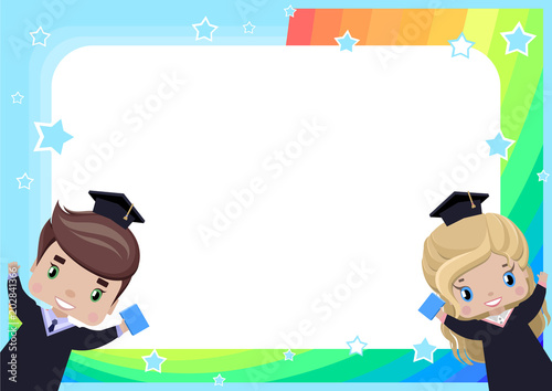 frame with a girl and a boy graduates in graduation gowns and hats, rainbow, sky and stars in cartoon style (background for children's ads, photos, diploma, certificate, certificate, coupon)